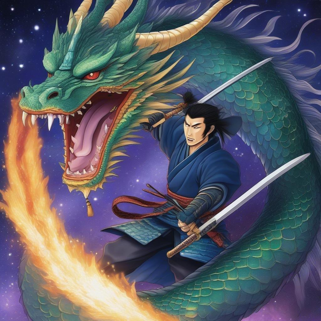 Eine dynamische Anime-Illustration, in der ein Samurai-Krieger einem wilden Drachen in einem magischen Kampf unter den Sternen gegenübersteht. Die lebhaften Schuppen des Drachen und die entschlossene Haltung des Kriegers heben sich vor einem mystischen Hintergrund ab, der lila Farbtöne mit Anklängen an sternenklare Nächte verbindet.