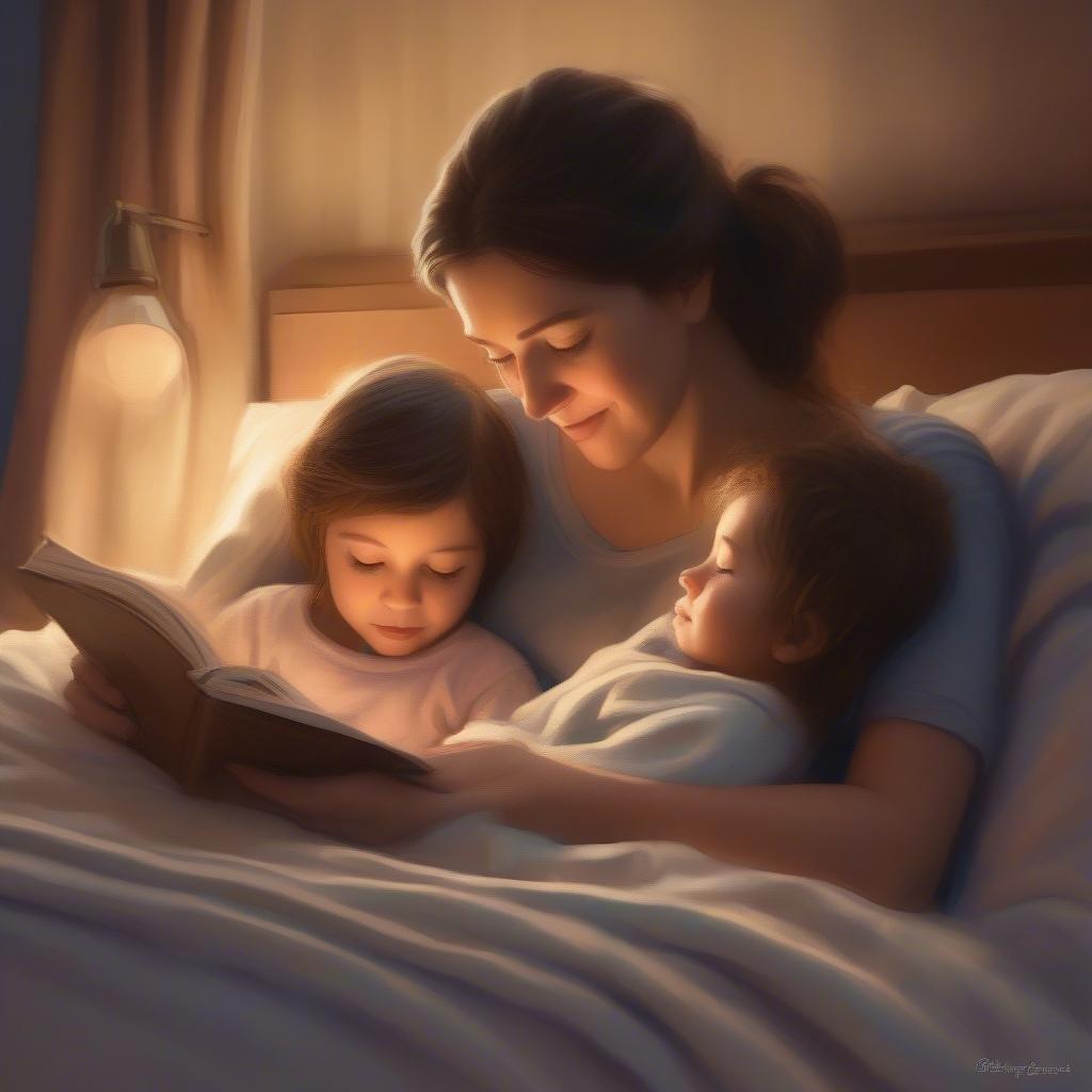 A tender moment between a mother and her children, sharing stories on Mother's Day.