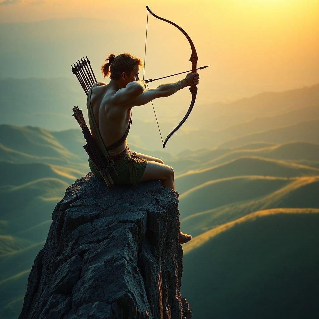 A man wielding a bow on a mountain peak, ready to take his shot at sunrise. The scene evokes the spirit of adventure and skill in archery.