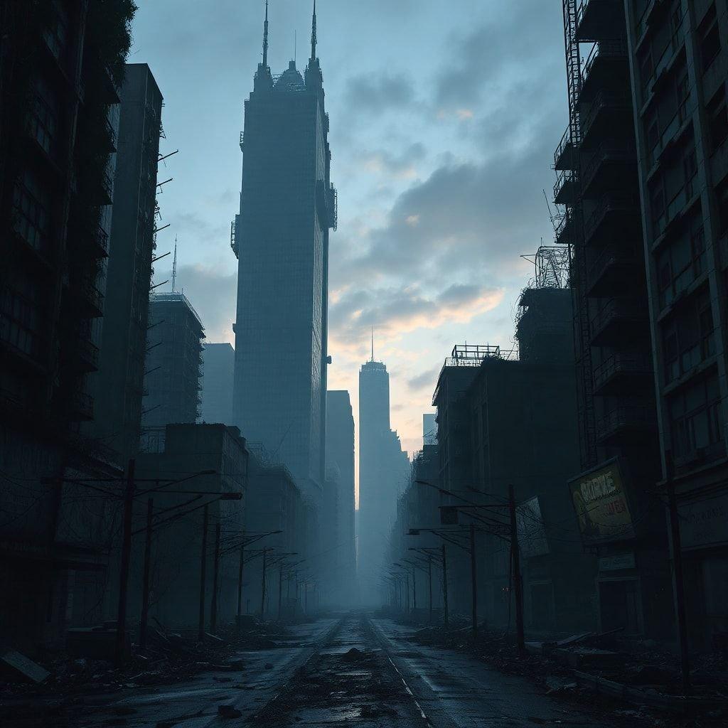 This image captures a cityscape on a gloomy day, with a tall building standing out against the cloudy sky.