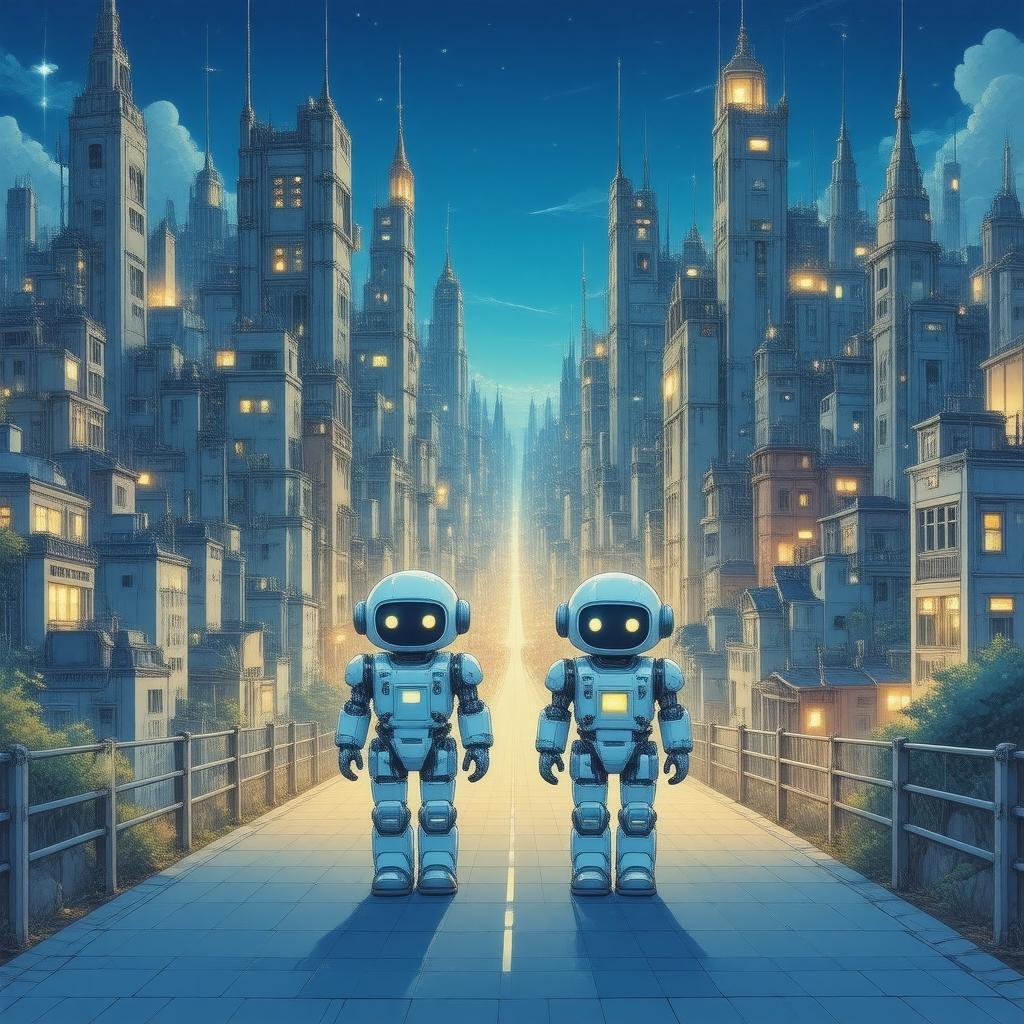 Immerse yourself in the vibrant world of anime with this captivating cityscape wallpaper. The bustling metropolis comes alive at dusk, with tall, intricate buildings illuminated by warm yellow lights, creating a mesmerizing contrast against the deep blue sky. Two robots, clad in blue and white, add a playful touch to the scene, inviting you to explore the wonders of this fantastical world.