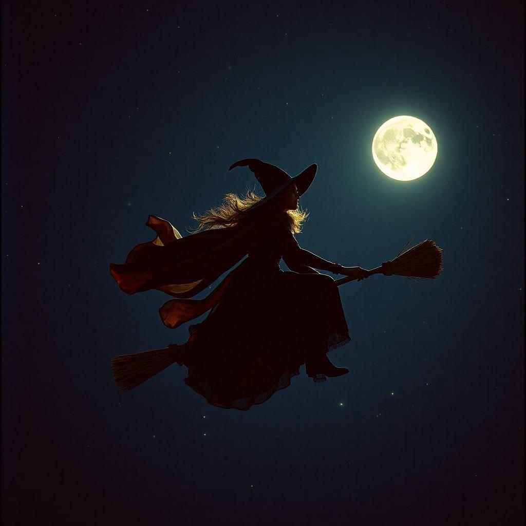 A witch soars through the night sky, her broom dipping as she flies over a full moon. The midnight hour is perfect for a little magic.