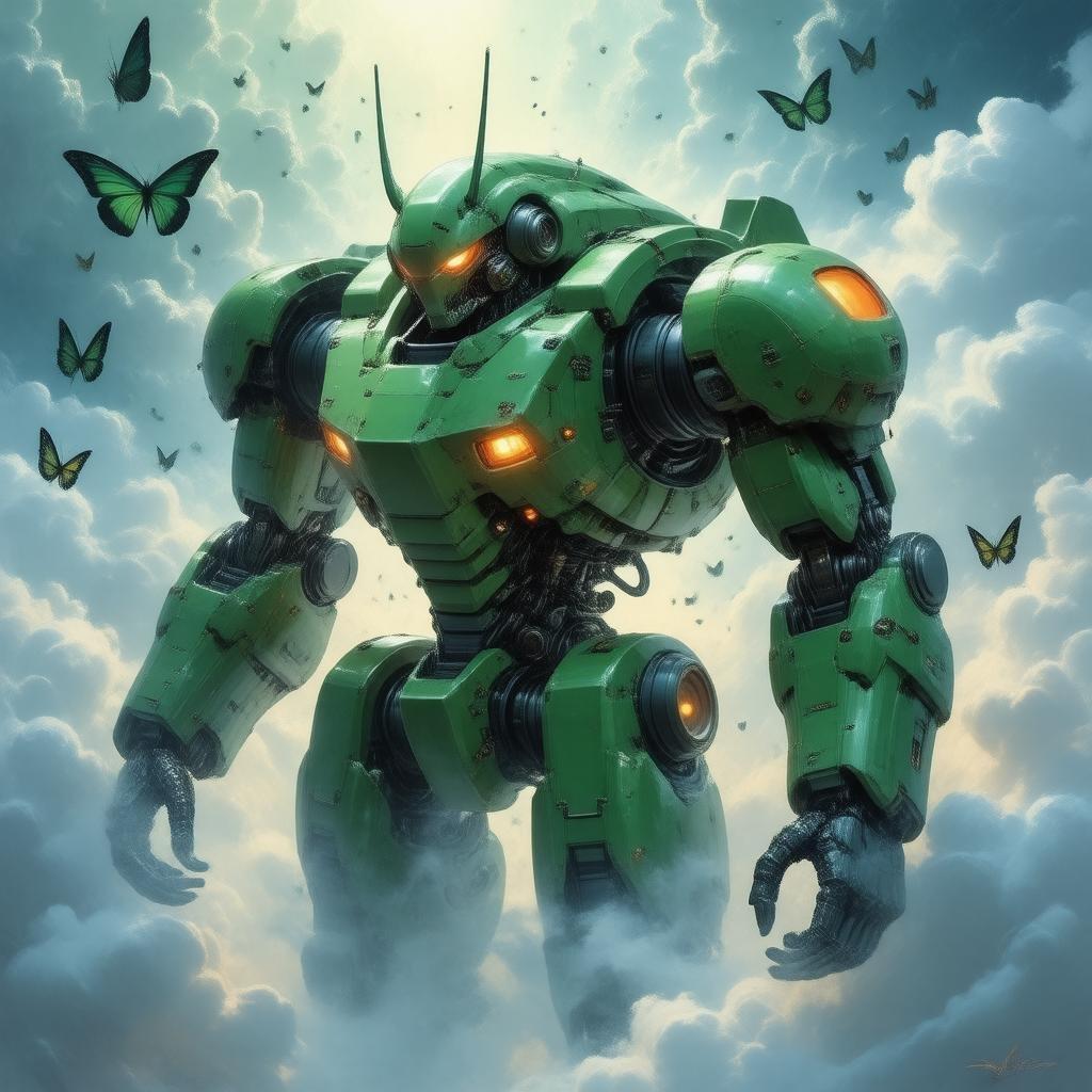 Förbered dig på att bli överraskad av denna fantastiska anime mecha robot bakgrund, med en detaljerad illustration av en kraftfull robot som dyker upp ur en dimma, omgiven av en mystisk armé av robotfjärilar.