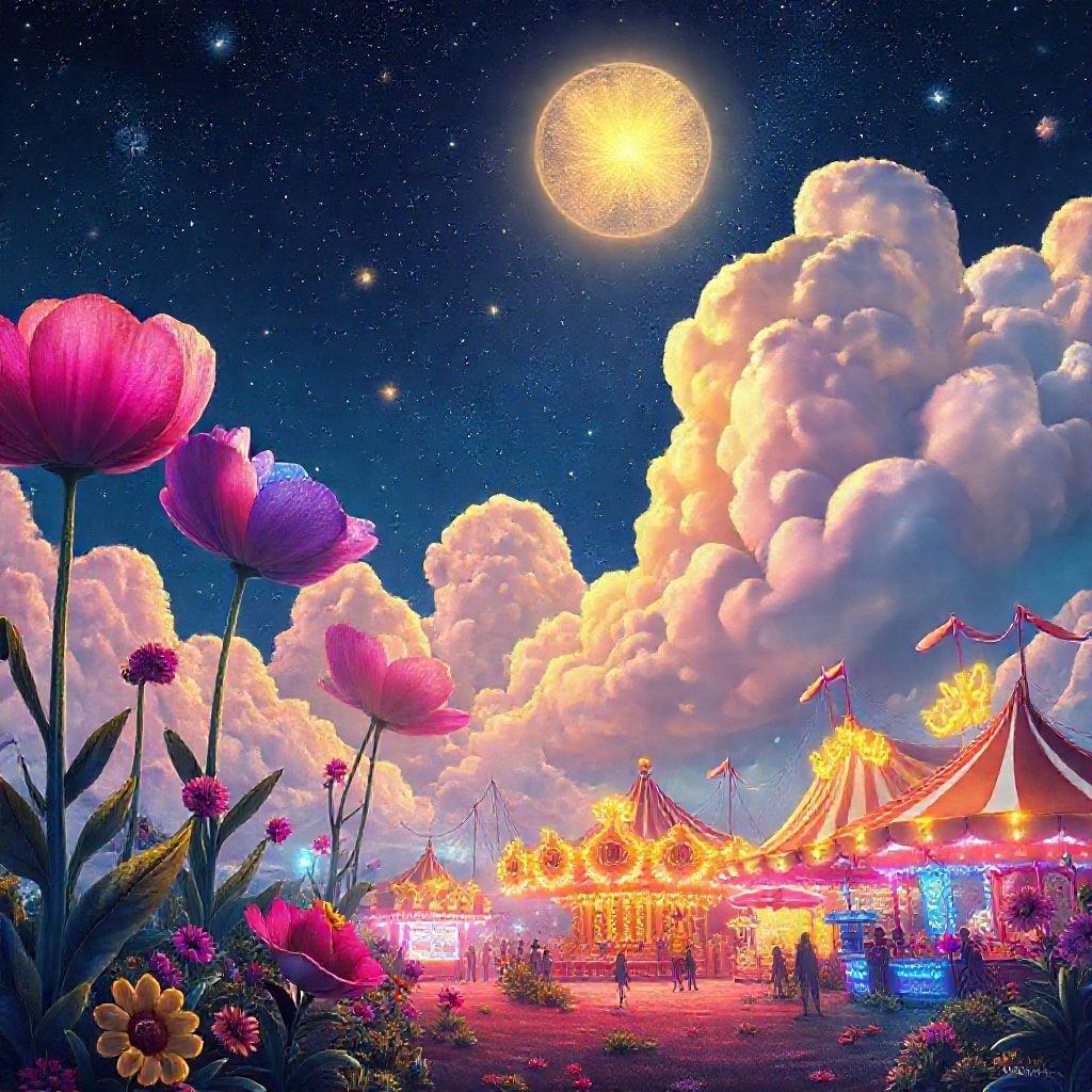 This image captures the vibrant and lively atmosphere of a carnival at night, with a stunning moonlit sky and a colorful array of lights and decorations.