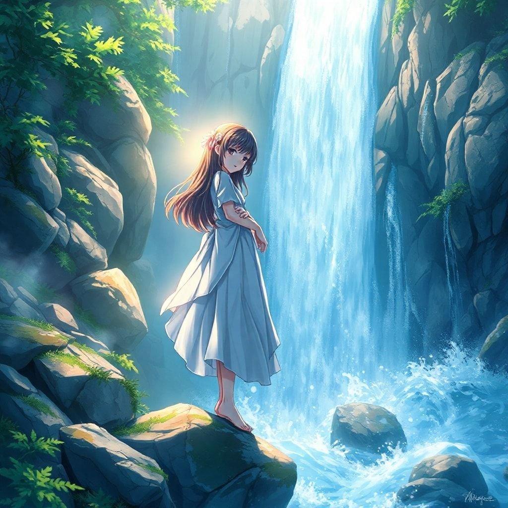 This captivating anime illustration features a young girl standing at the edge of a rocky waterfall, her face partially obscured by a mysterious ethereal light. The vibrant scene, with its vivid colors and intricate details, captures a sense of enchantment and intrigue.