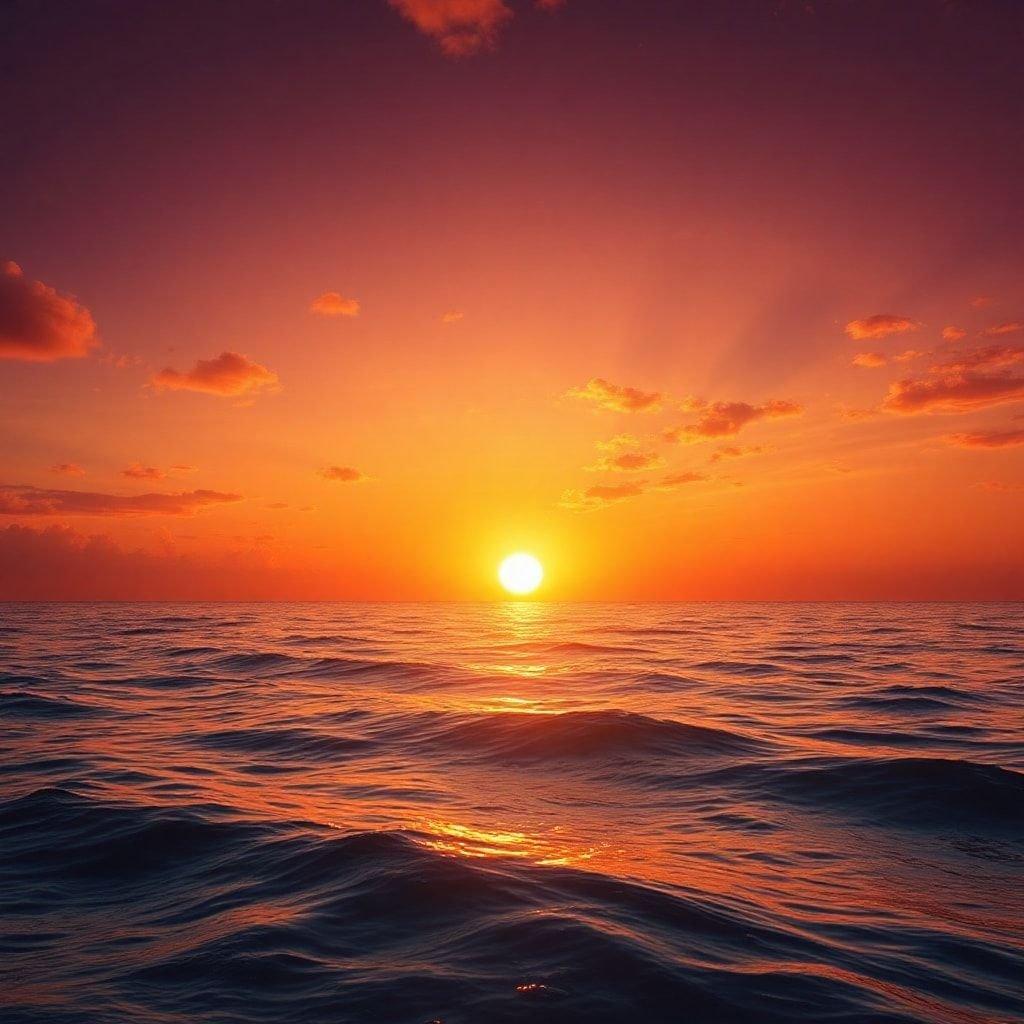 Vivid sunset casts warm colors over the calm ocean waves. Relaxing scene for a peaceful desktop wallpaper.