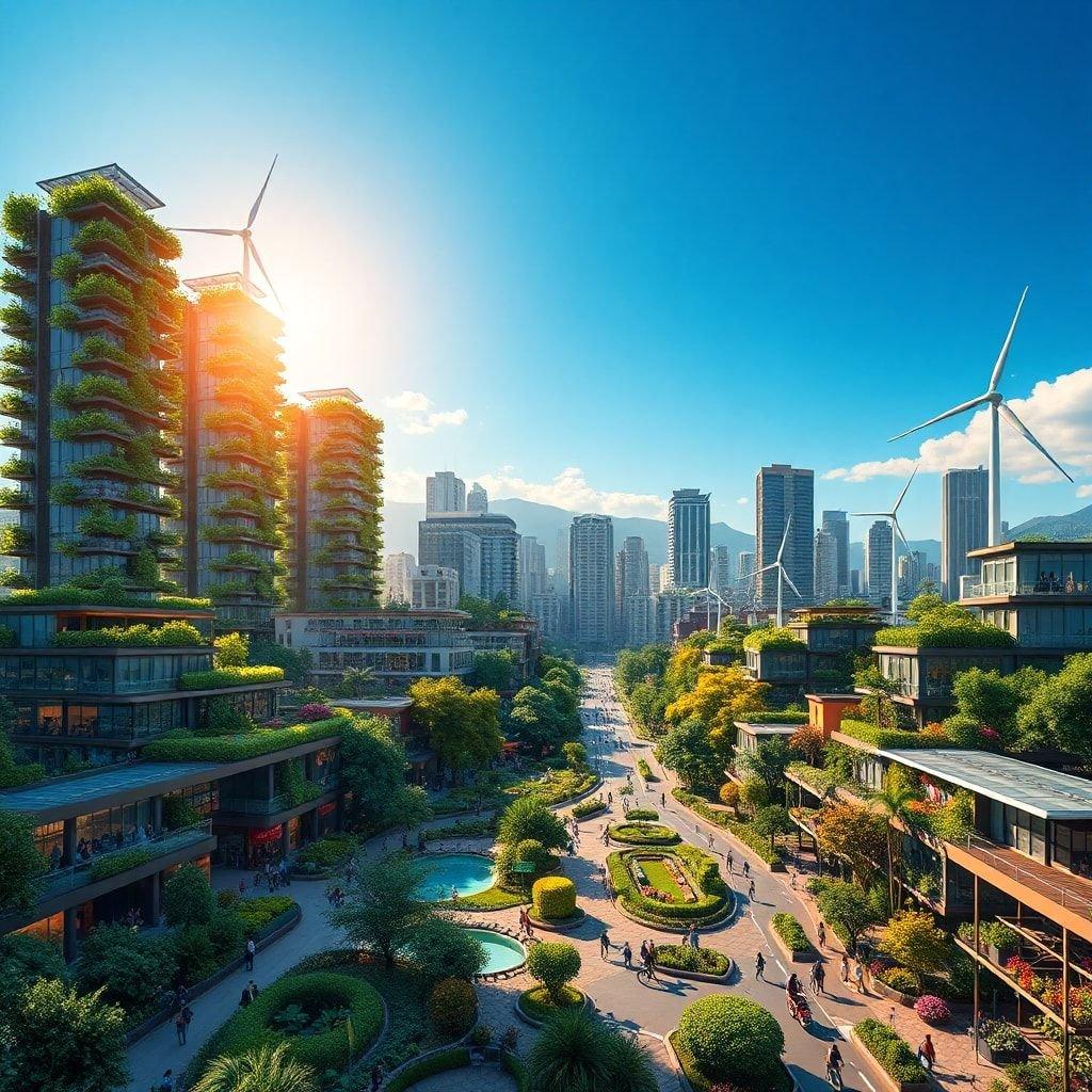 This image showcases a futuristic cityscape with a focus on sustainability, featuring wind turbines and green buildings.