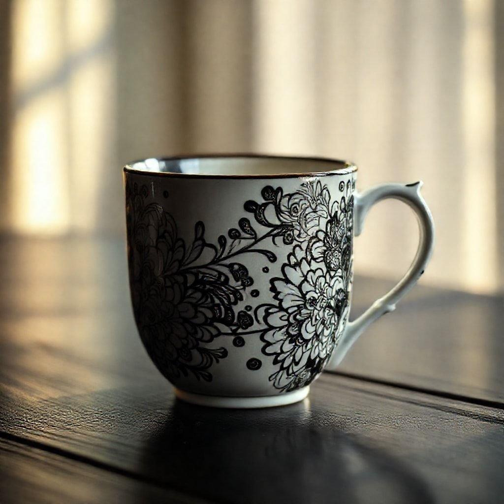 This black and white wallpaper features a delicate floral mug resting on a rustic wooden table, evoking a calm and elegant atmosphere that's perfect for a cozy reading nook or a tranquil study space.