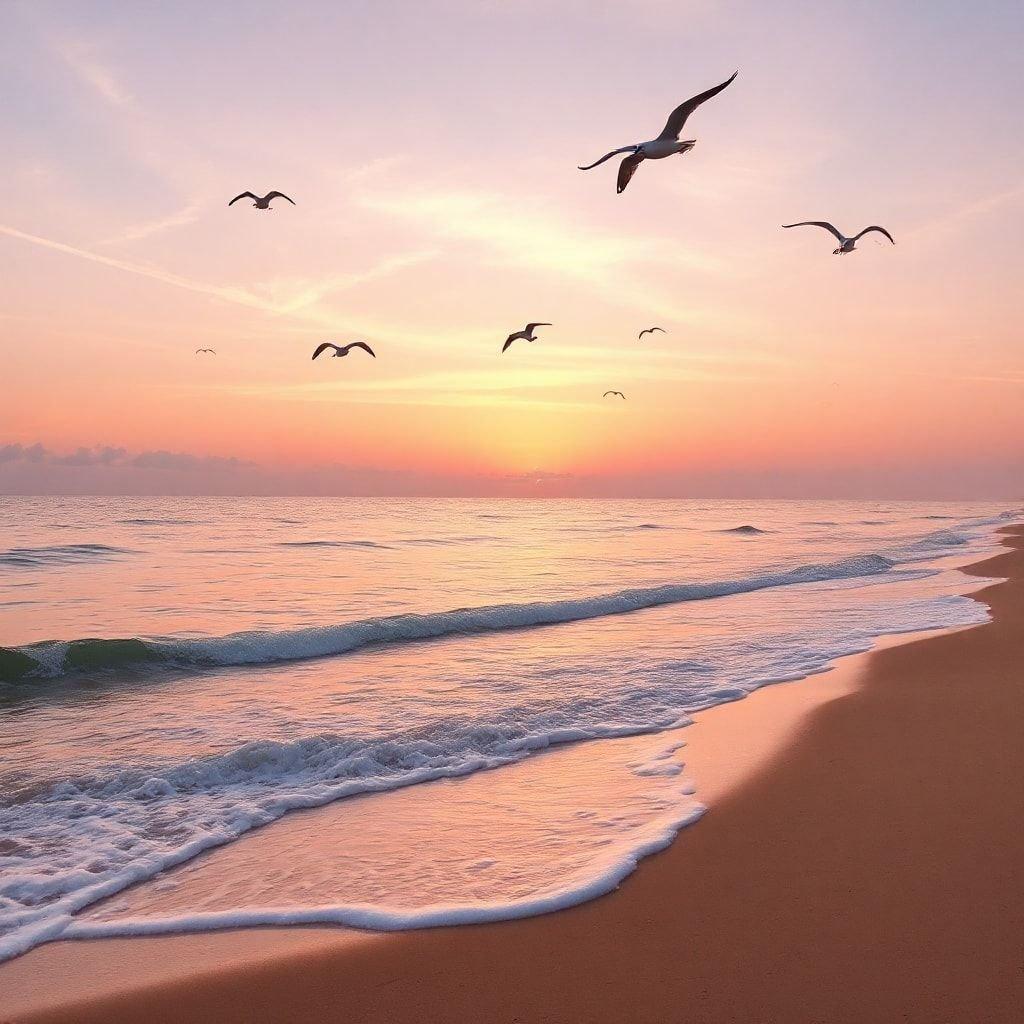 A tranquil scene of the sun setting over the ocean, with seagulls flying overhead. The beach is a natural habitat for these birds as they search for food in the shallows and along the shoreline.