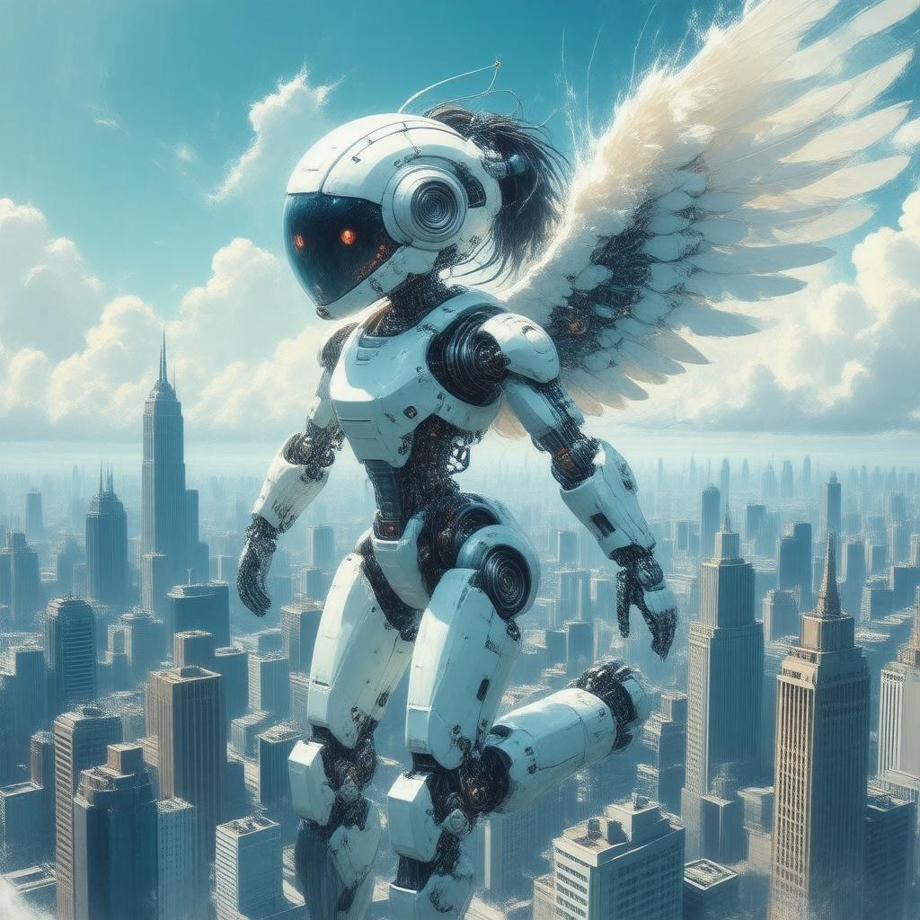 Get ready to be amazed by this stunning anime-style wallpaper featuring a young robot girl with mechanical wings soaring over a city skyline. The vibrant blues and greens of the scene create a futuristic and captivating atmosphere, while the robot's sleek body and intricate mechanical parts add a touch of innovation and technology.