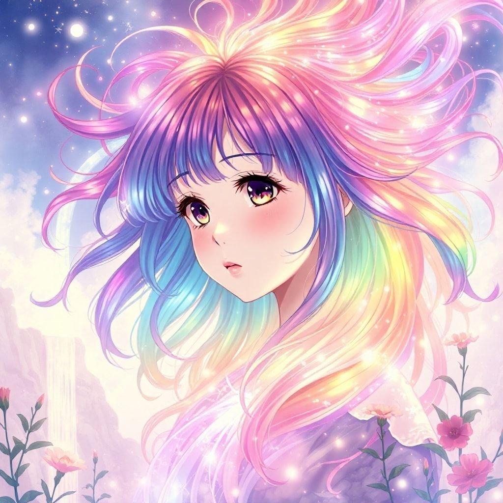 Diese fesselnde Anime-Illustration zeigt ein junges Mädchen, das in ein Wesen aus reinem regenbogenfarbigem Licht verwandelt wurde. Ihr lebhaftes Haar fließt wie ein kaskadierender Wasserfall, und das geheimnisvolle Gesicht der Figur verleiht der Szene einen Hauch von Verzauberung und Magie.