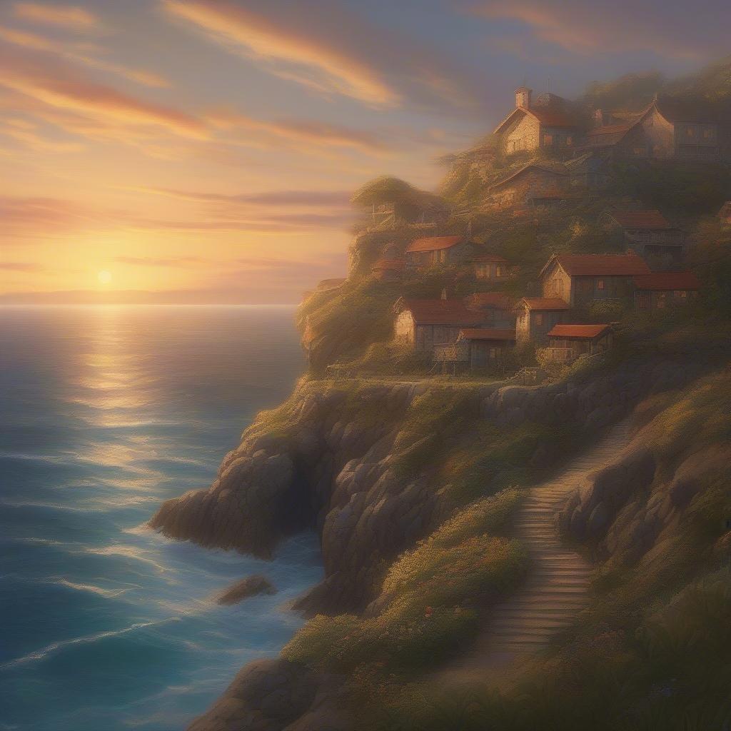 This tranquil coastal scene features a picturesque village nestled on the edge of a rocky cliff overlooking the ocean. The sun is setting, casting a warm glow over the houses and adding to the serene ambiance.