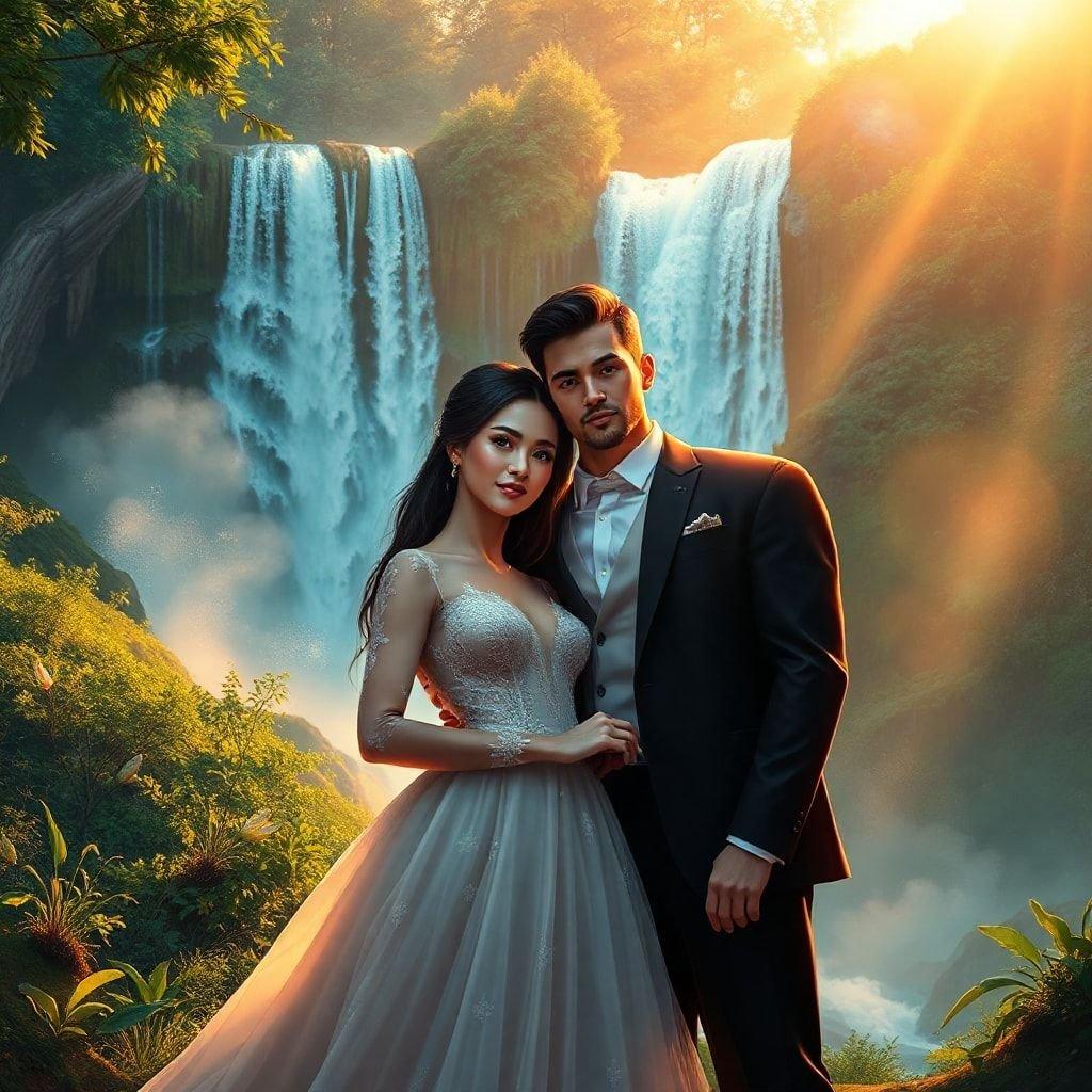 This stunning wallpaper features a romantic couple embracing at the base of a breathtaking waterfall, surrounded by lush greenery and vibrant flowers. The serene atmosphere and picturesque scenery make it perfect for desktop and mobile use, offering a touch of elegance and sophistication to any device.