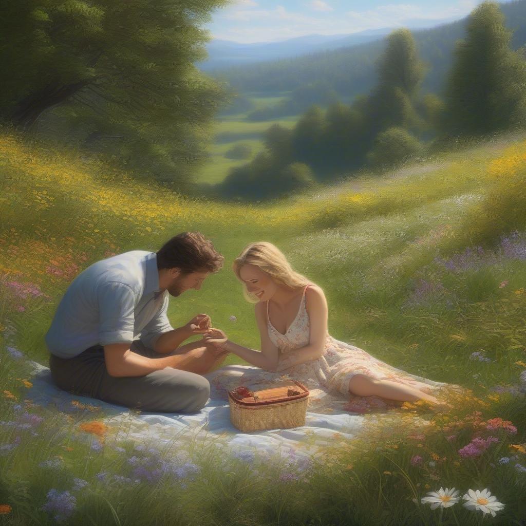 A couple enjoying a peaceful outdoor picnic on Valentine's Day, surrounded by the beauty of nature.