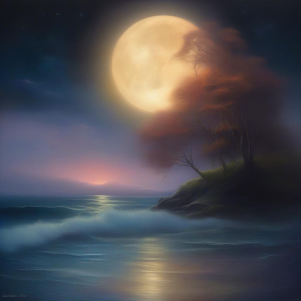 A tranquil scene where the music seems to resonate with the melody of nature. The full moon casts a serene glow over the calm ocean, as the stars twinkle above. Perfect for a quiet evening in solitude or inspiration.