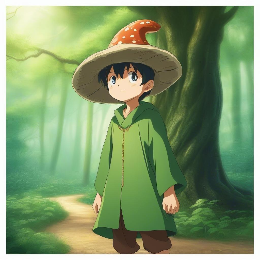 A young anime boy in a green robe and wizard hat embarks on a forest quest. The scene is enchanting with mushrooms, a large tree trunk, and a mystical atmosphere.