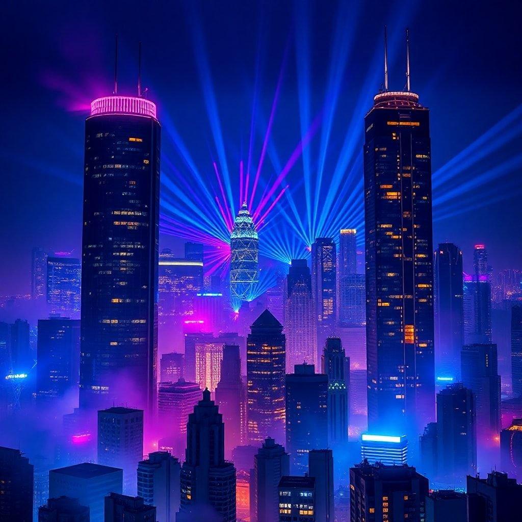 This stunning image captures the vibrant energy of Hong Kong's cityscape at night, with the iconic skyline and bustling streets illuminated by a kaleidoscope of neon lights. The music-themed wallpaper features a mesmerizing display of lasers and lights, creating a dynamic and immersive experience for users.