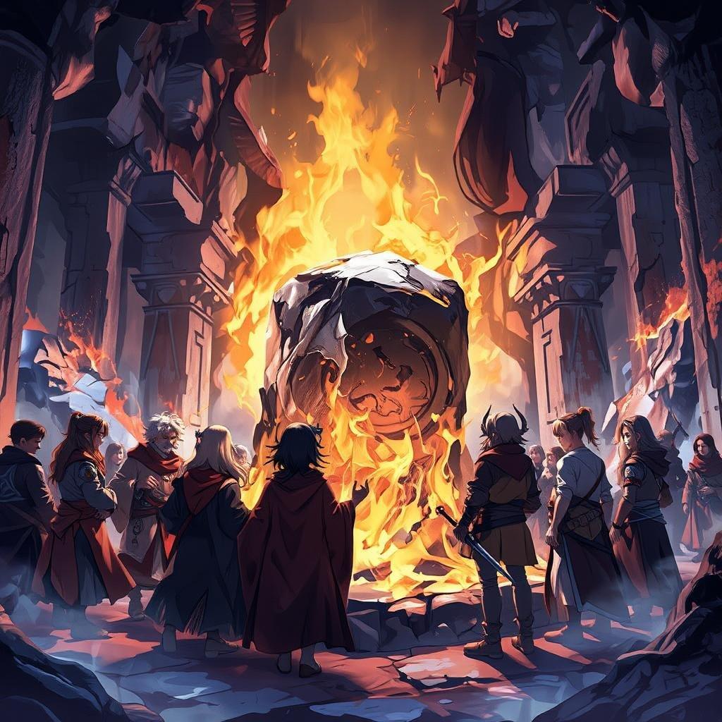 This captivating anime illustration depicts a group of people gathered around an ancient stone artifact in an abandoned temple. The scene is bathed in a vibrant glow, capturing a moment of interaction and unity.