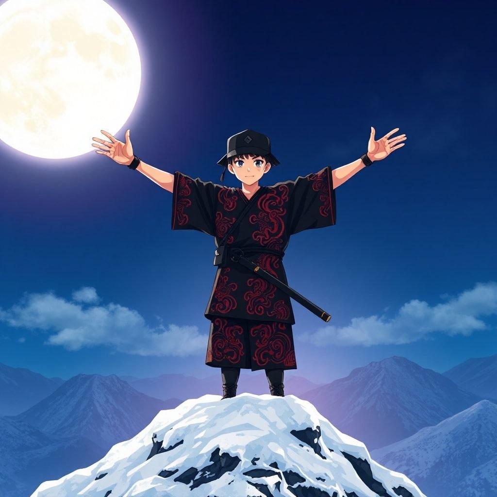 This anime-style wallpaper features a young samurai standing on a snow-covered mountain peak, arms raised in a dramatic pose under the light of a full moon.