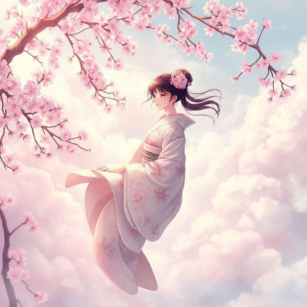 This stunning wallpaper features a serene scene of a geisha floating in a cloudy, ethereal landscape, surrounded by delicate pink and white cherry blossoms.