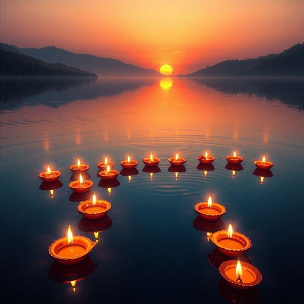 A serene view of Diwali candles floating on a lake during sunset, with mountains in the background and the sun setting over the horizon.