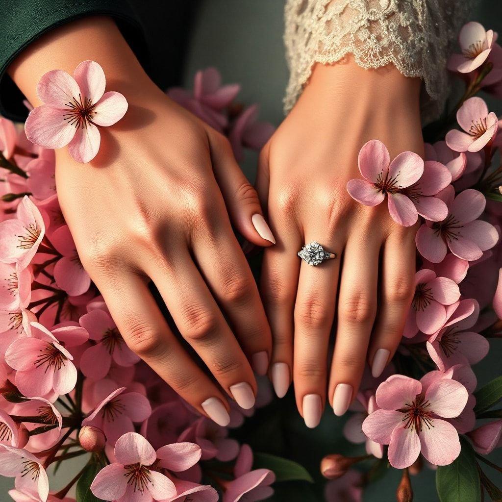 Two hands tenderly holding each other, symbolizing a loving bond. A diamond ring on the left hand signifies commitment and love. Pink blossoms add a touch of springtime romance to this special moment.