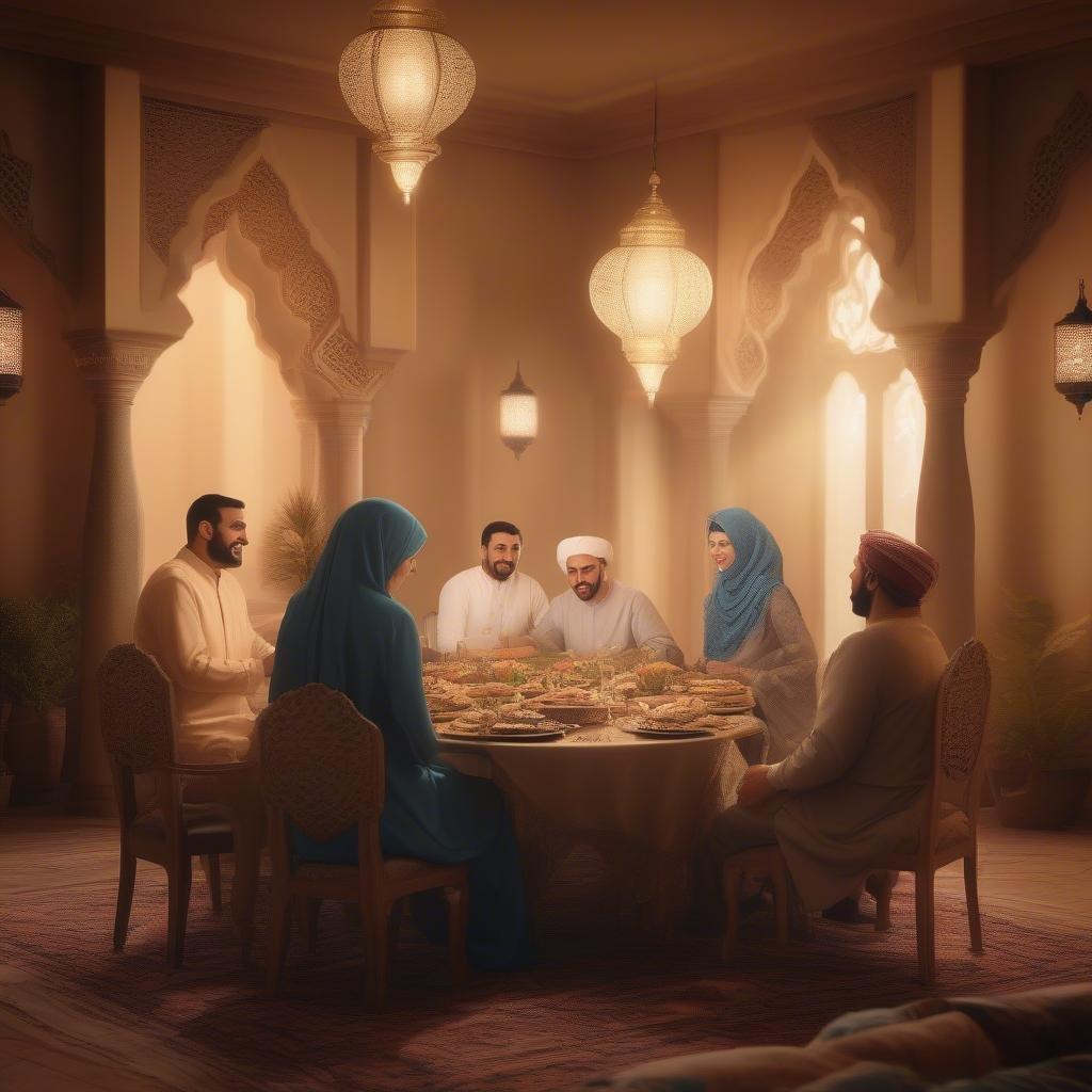 A warm gathering of family and friends during the holy month of Ramadan, sharing a meal together.