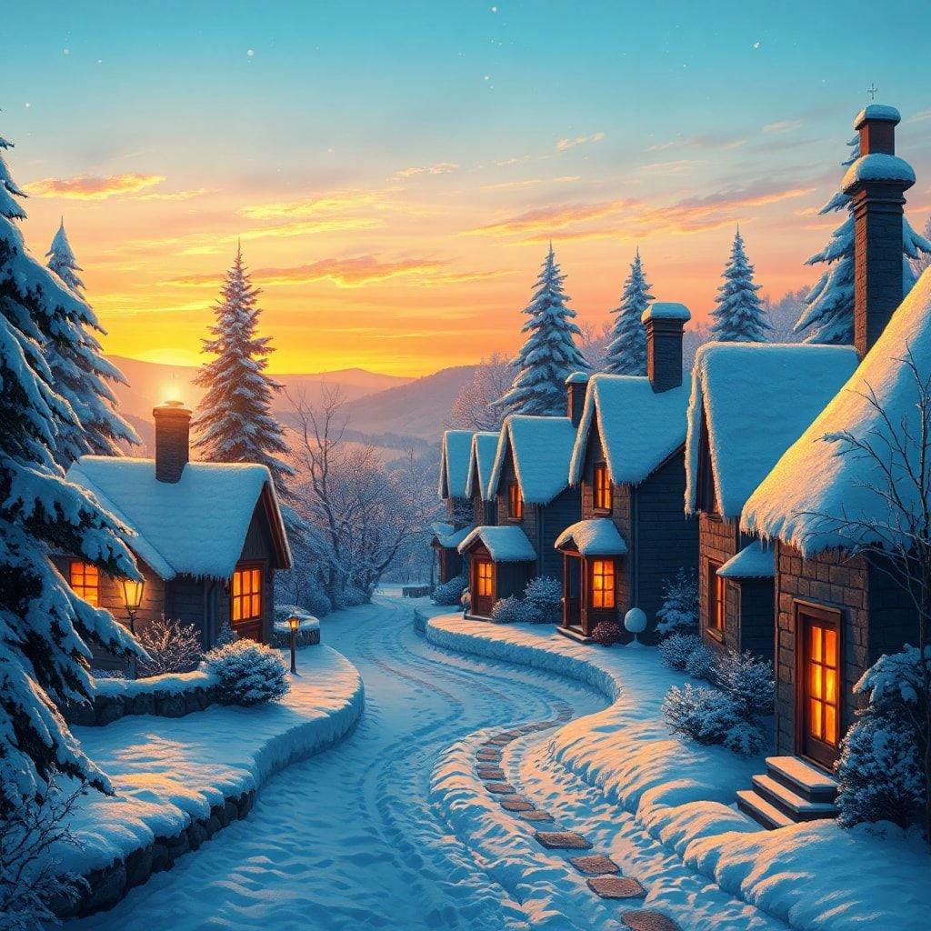 This festive winter wallpaper captures the magic and beauty of the season, with a cozy village nestled in the snow-covered mountains. The warm glow of the windows and the snow-covered rooftops create a sense of tranquility and wonder, making it the perfect backdrop for your desktop or mobile device.