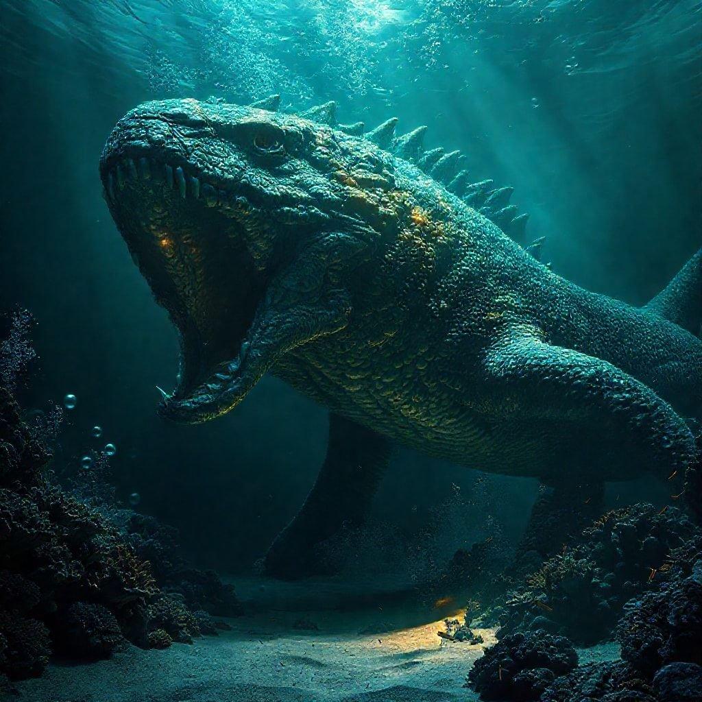 Una majestuosa criatura marina prehistórica, probablemente un mosasaurus, domina la escena bajo la superficie del océano. Sus poderosas mandíbulas están abiertas de par en par mientras ruge, mostrando un aura de grandeza que es tanto cautivadora como inspiradora.