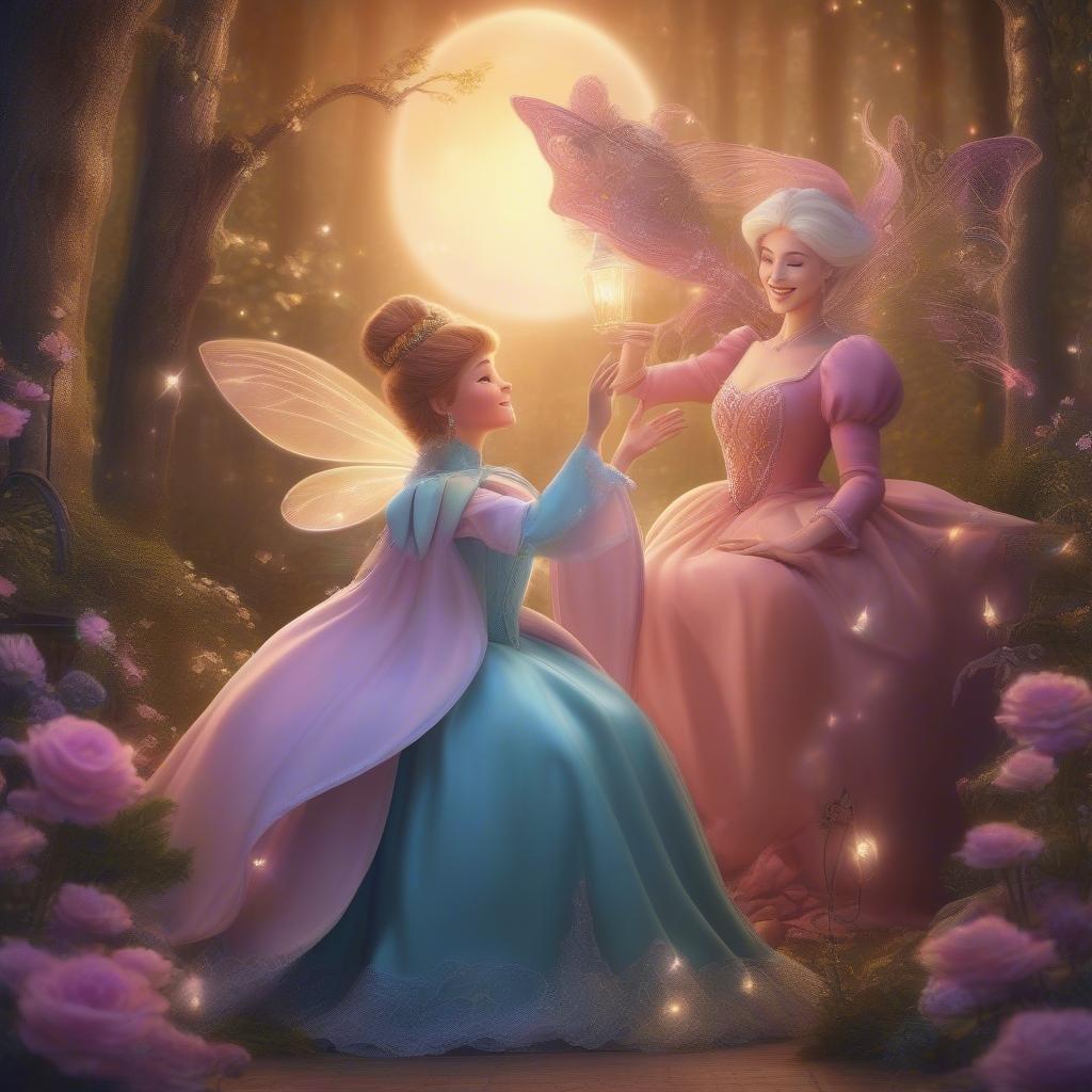 Two beloved Disney princesses, Belle from Beauty and the Beast and Tinkerbell, share a special moment in an enchanting forest setting.