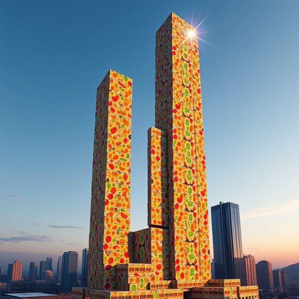 A whimsical building painted like a box of candy, standing tall against the sky in a bustling city.