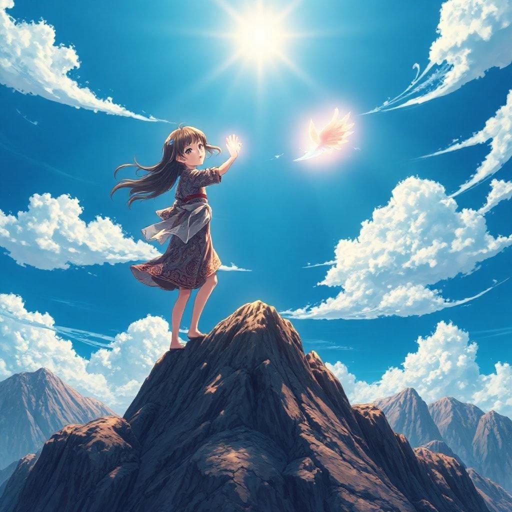 This anime wallpaper features a young girl standing on top of a mountain, her hands glowing with magical energy. The deep blue sky and mysterious figure's arms create an ethereal atmosphere.