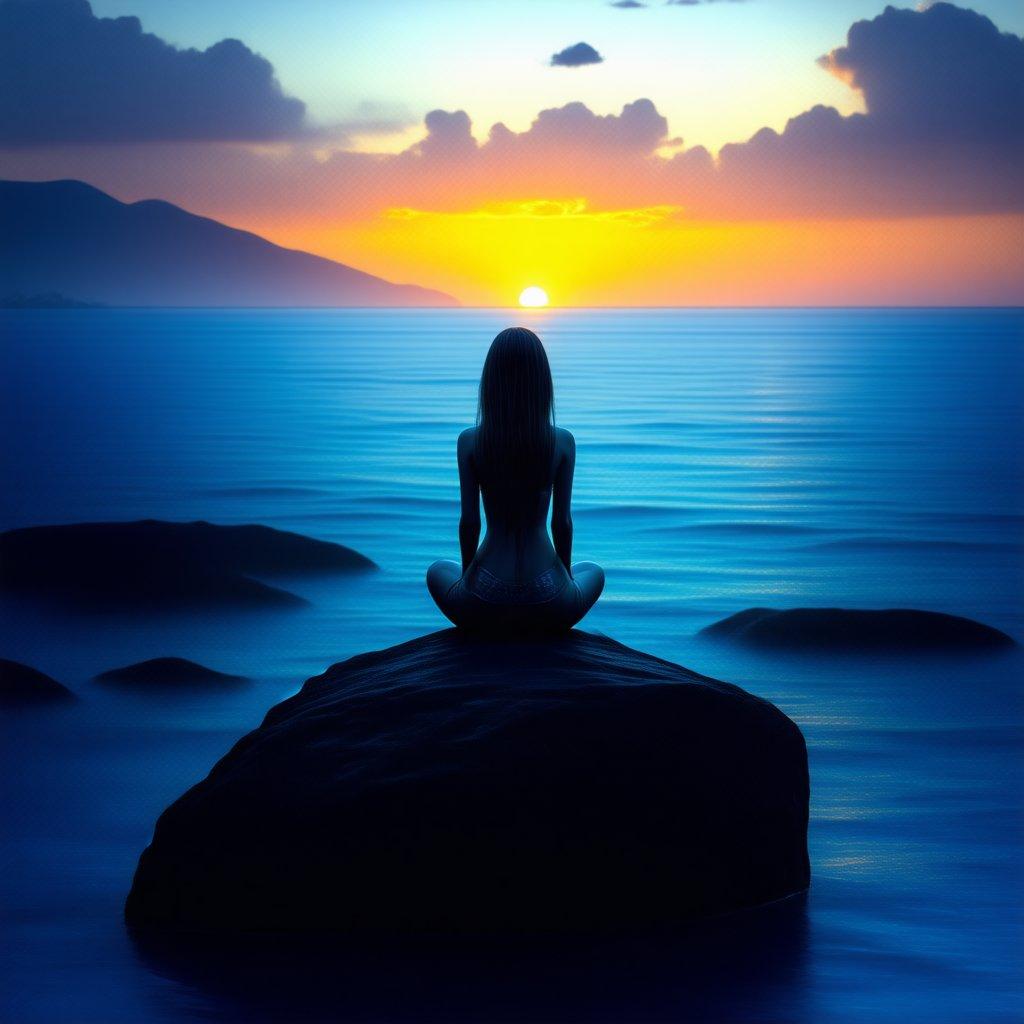 A peaceful and serene scene of a woman sitting on a rock, gazing at the breathtaking sunset over the ocean. The warm and soft lighting creates a calming atmosphere, perfect for relaxation and contemplation.