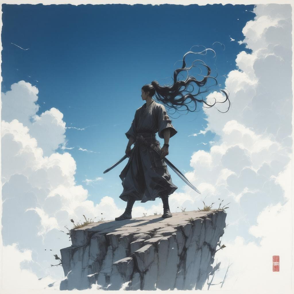 Denna anime-stil illustration fångar ett lugnt ögonblick av en samurai som står på en vindblåst klippa, med sitt svärd lyft och svajande i vinden. Den djupblå himlen med spridda moln bidrar till atmosfären, medan samurajens hållning, med sin långa svans som är virad runt, förmedlar en känsla av skala och lugn.