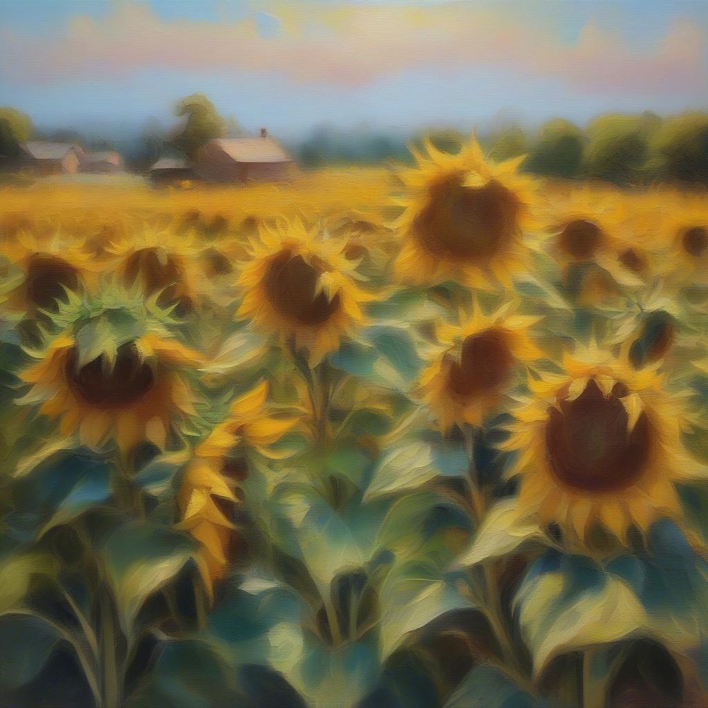 A vibrant, sunlit scene of tall yellow sunflowers reaching towards the sky, with a rural landscape in the background. A peaceful setting that exudes tranquility.