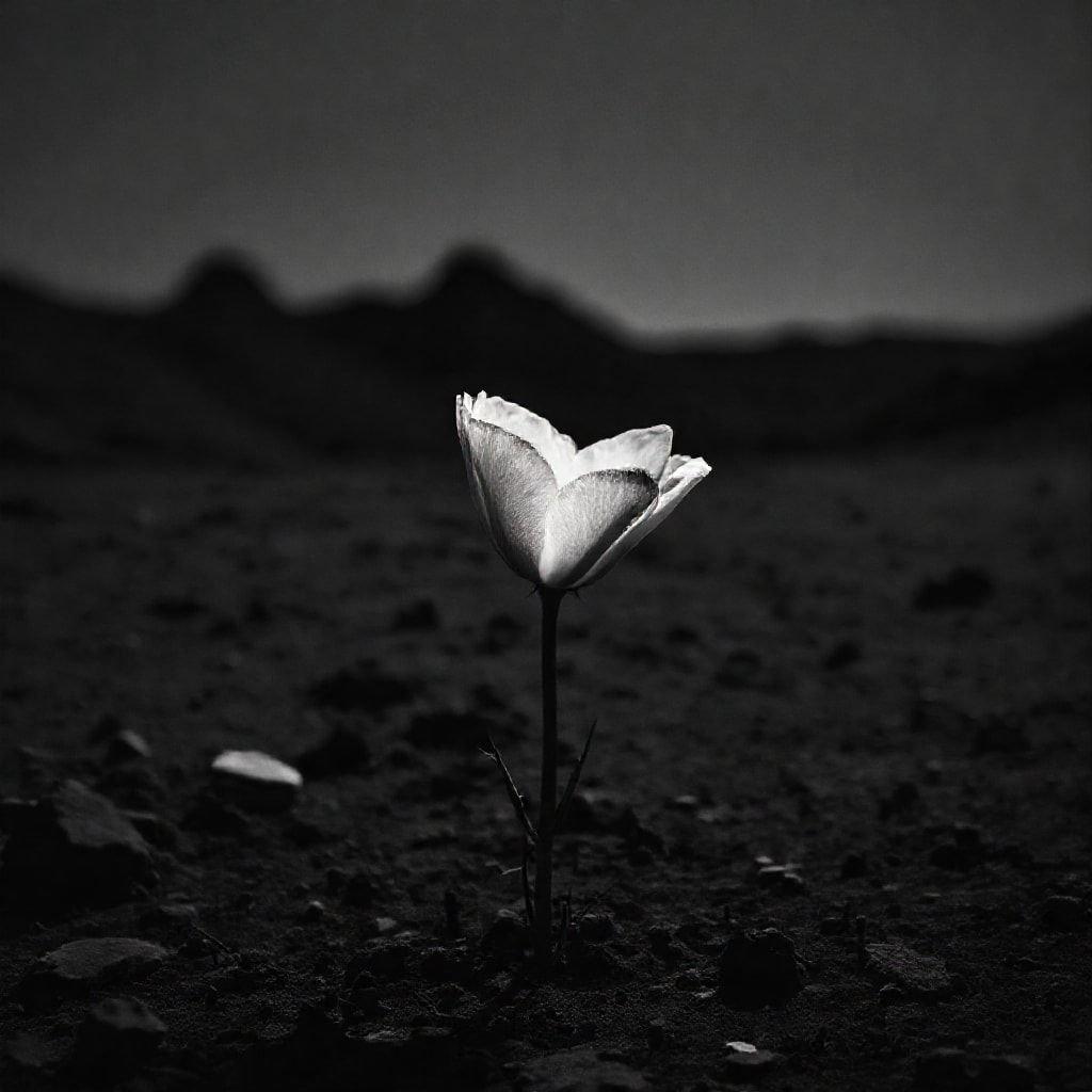 A beautiful black and white wallpaper of a flower in the desert.