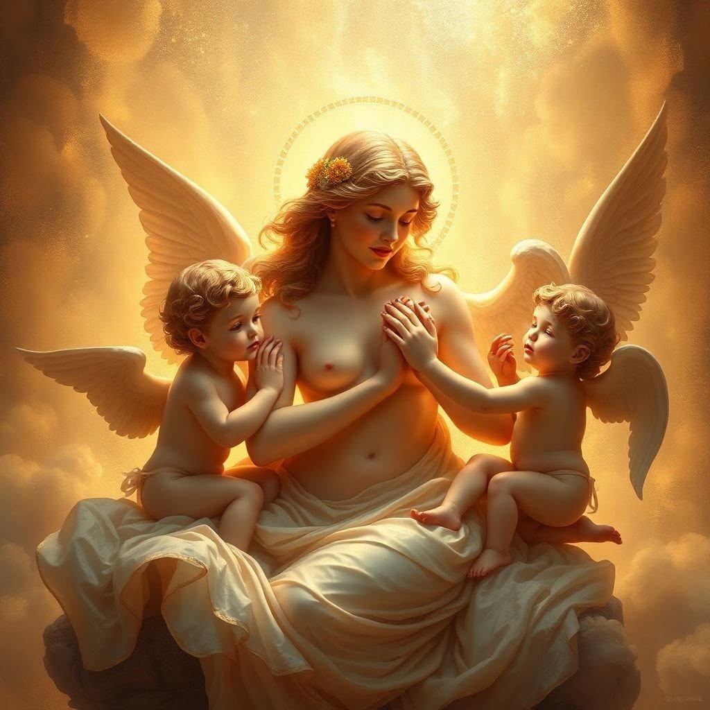 This beautiful wallpaper features a serene angel surrounded by cherubs, perfect for adding a touch of romance and love to your desktop or mobile device.