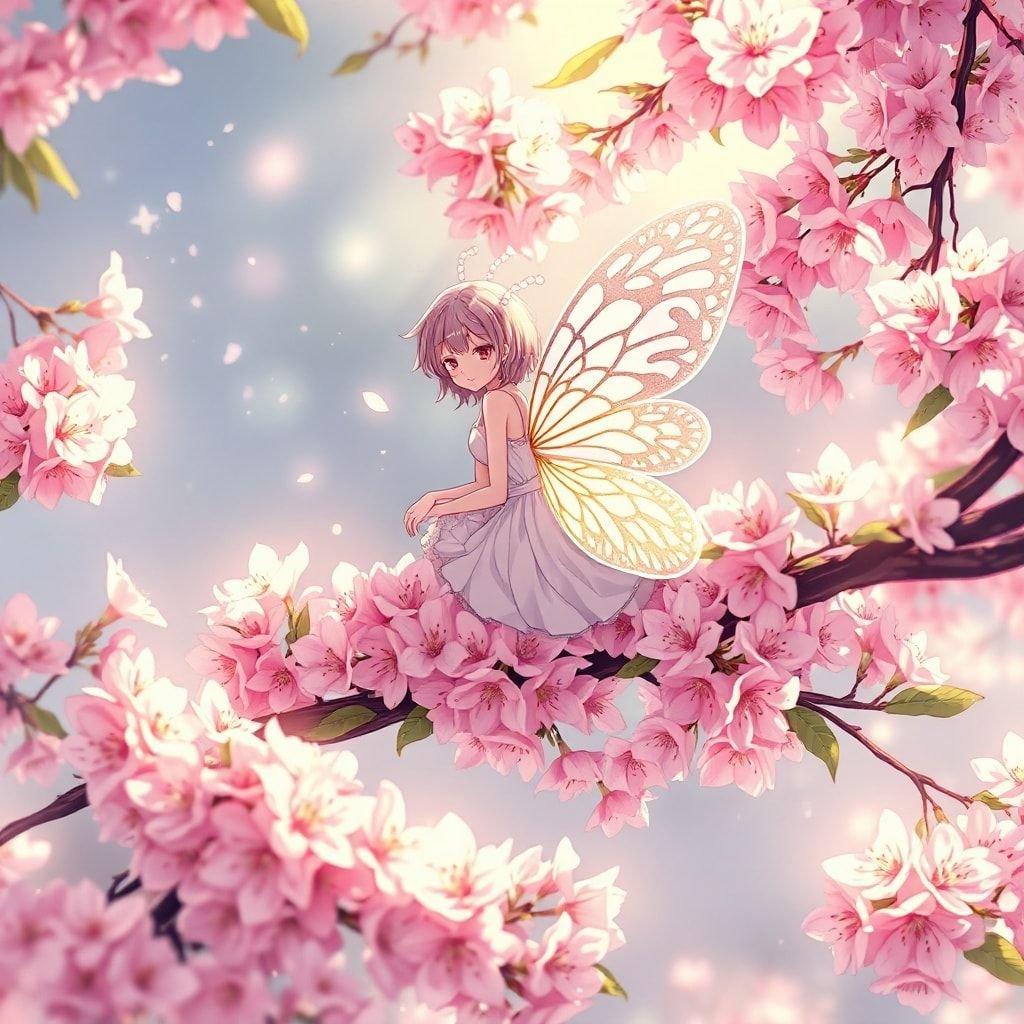 This stunning anime illustration features a delicate fairy perched on the blossoms of a cherry blossom tree, creating a serene and enchanting atmosphere.