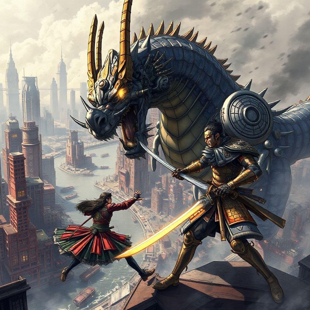 A gripping battle between a skilled samurai and a formidable mechanical dragon unfolds in the heart of a dystopian cityscape. The samurai, armed with swords, faces off against the dragon, its horned head spitting fire from its mouth. The scene is set against the backdrop of towering buildings and a river, adding to the dramatic and eerie atmosphere.