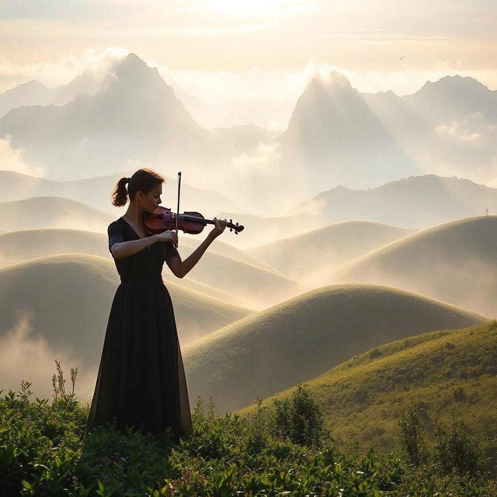 This breathtaking image captures the essence of music in motion, with a woman playing the violin amidst a stunning mountain range. The soft, golden light of the setting sun casts a warm glow over the scene, creating a sense of tranquility and harmony. The image is a perfect representation of the beauty and power of music, and would make a beautiful addition to any room.