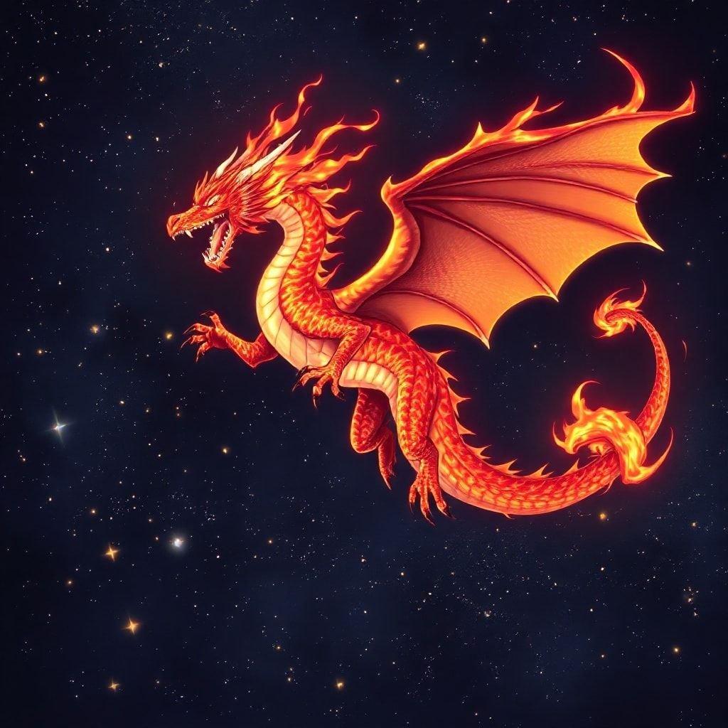 A majestic anime dragon soars through a starry night sky, its fiery body and wings illuminated by the twinkling stars. The dragon's wings are spread wide, while its tail curls to the right, adding movement to the scene.