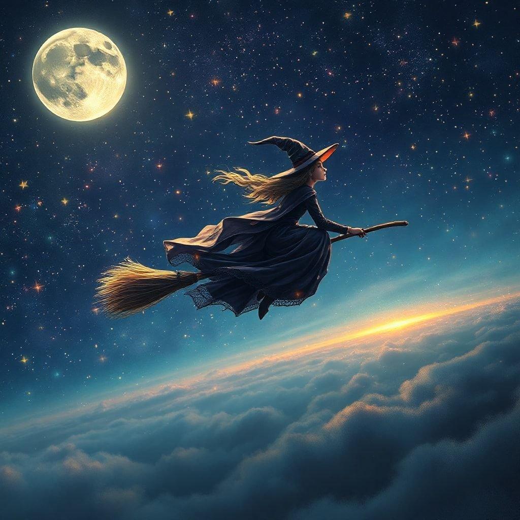 A witch flying on a broomstick in the sky, surrounded by the magic of the moon and stars.