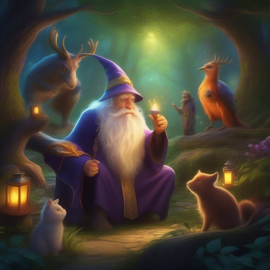 A whimsical scene celebrating the enchanting bond between father and child on Father's Day, set in a magical forest.