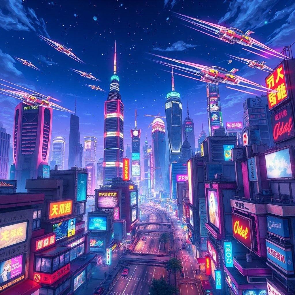 A bustling metropolis in a vibrant anime-inspired city lit with neon lights, featuring flying cars and towering skyscrapers.