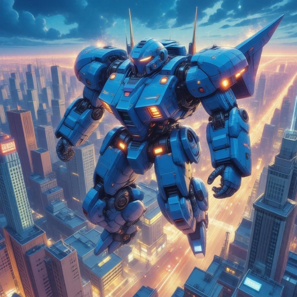 Diese Anime-Illustration zeigt einen Mecha-Roboter, der über eine Stadtlandschaft fliegt und lebendige Blau- und Orangetöne sowie komplexe Muster präsentiert.