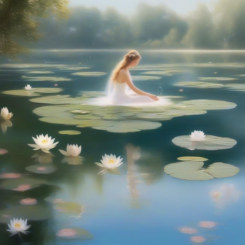 A peaceful and dreamy image of a woman sitting on a lily pad in a lake, surrounded by water lilies and trees.