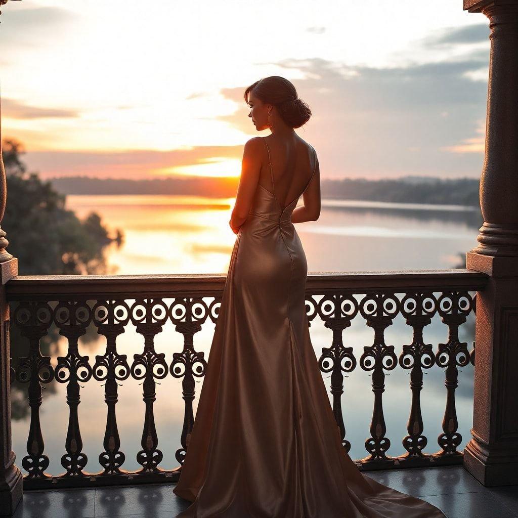 Una mujer sofisticada admirando la impresionante vista del sol poniéndose sobre un lago al anochecer.