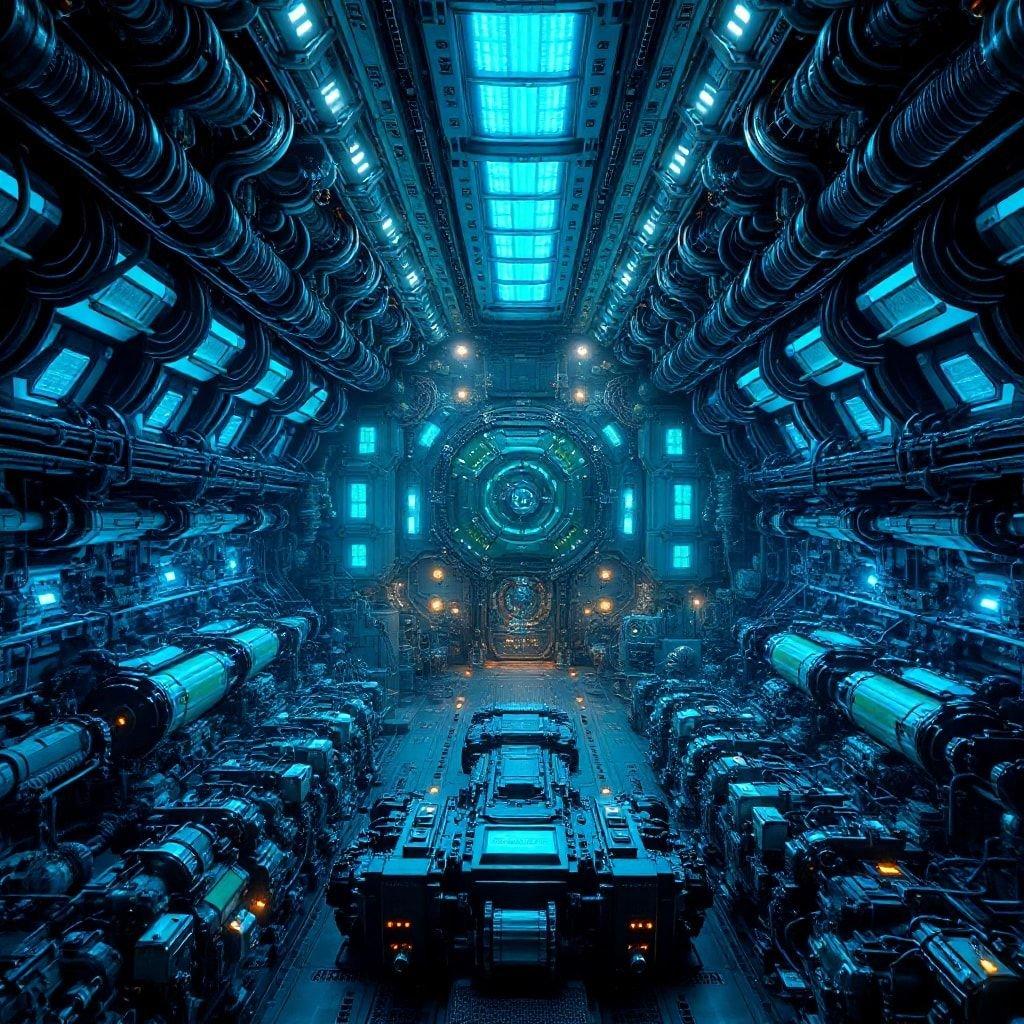 A vast industrial lab bathed in blue light, featuring complex machinery and futuristic equipment.