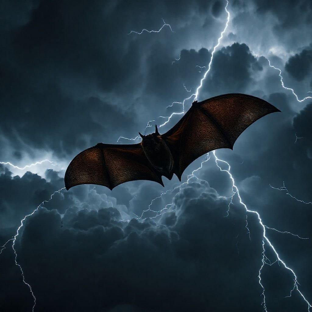 This spooky wallpaper features a bat flying in the midst of a storm, creating a thrilling and eerie atmosphere.