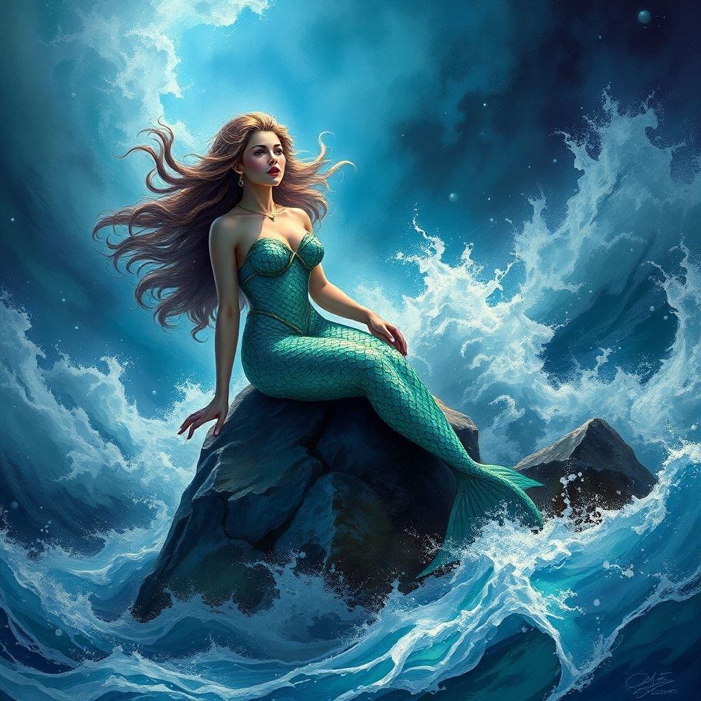 An enchanting scene featuring Ariel, the mermaid princess from Disney's 'The Little Mermaid', as she sits on a rock amidst the ocean waves. The artwork is done in a realistic fantasy style, capturing the ethereal beauty of this beloved character.